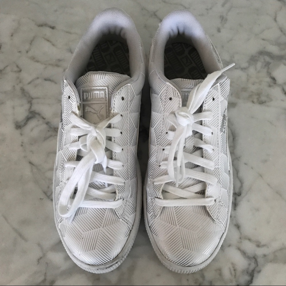 PUMA Basket Silver & White Patterned Sneakers